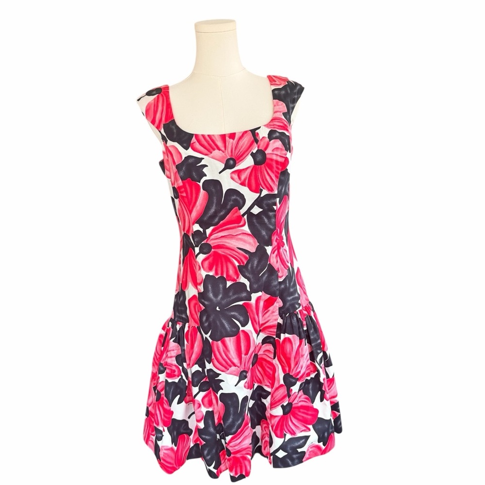 Milly Floral Fit & Flare Dress Pink Black Cotton Made in USA Italian Fabric